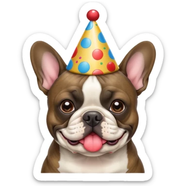 french bulldog with a birthday hat and brindle coloring. please make it apple emoji style please sticker
