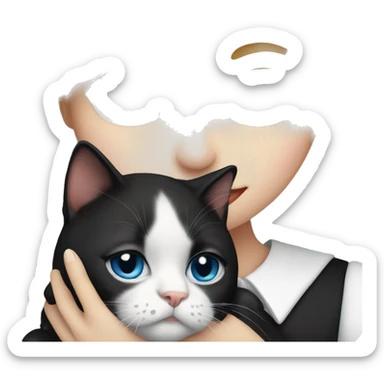 Blonde girl with blue eyes, cuddling a black&white tuxedo cat sticker