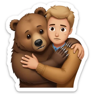 Realistic grizzly bear hugging a sad man sticker
