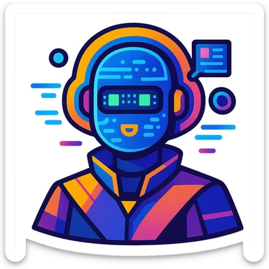 futuristic AI-Ambassador, abstract AI face with digital patterns, floating holographic elements, vibrant colors in vibrant toon style sticker