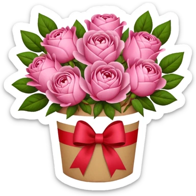 Bouquet of pink flower like rose and peony wrapped in kraft paper with red bow sticker