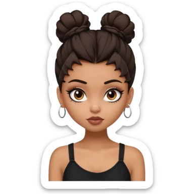 generate a pretty bratz girl in black cami top, dark brown messy bun, eyeliner on. dark brown eyes sticker