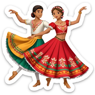 Cinematic Realistic scene of two dancers performing the Tarantella, dressed in vibrant, flowing traditional costumes with detailed embroidery and dynamic skirts, captured in festive motion with warm, lively lighting sticker