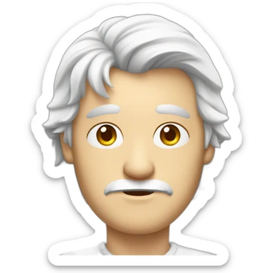Unsure european shaved guy in his fifties with mid long white hair wearing a shirt holding a sign saying hello sticker
