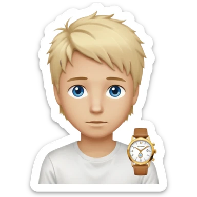 create boy blonde hair long messy, light eyes, white t shirt, rich, long hair, eyes blue, acessory rolex or cartier sticker