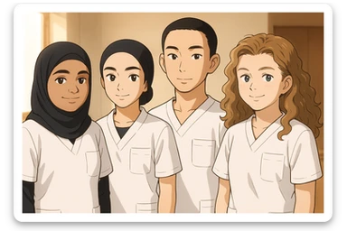 Four nursing students standing side by side indoors, each wearing a white short-sleeved uniform with a V-neck medical tunic, left chest pocket, no collar stand, no stethoscope, nothing protruding from the sleeves, bright ambiance, no feet visible. sticker