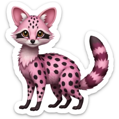 Pink-spotted genet-Trico-Vernid-Cacomistl-Fakémon-hybrid-fusion-creature (full body) sticker