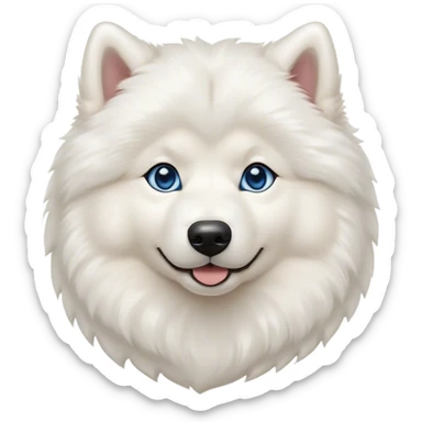 Cinematic Cute Samoyed Portrait Emoji, Head tilted playfully and inquisitively, featuring a fluffy, pristine white Fur with a natural sheen, round, sparkling blue eyes filled with curiosity, Simplified yet irresistibly adorable features, highly detailed, glowing with a warm, friendly glow, high shine, affectionate and lively, stylized with a touch of whimsy, bright and endearing, soft glowing outline, capturing the essence of a mischievous yet loving companion, so playful it feels like it could frolic out of the screen and into your arms! sticker