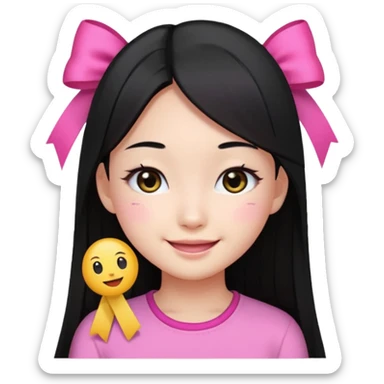 Korean girl with long straight black hair and black eyes, smiling, emoji style sticker