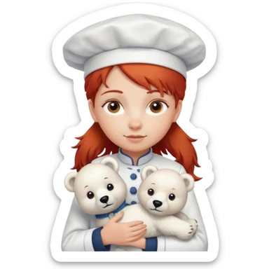 girl kid italian chef, red haired, uniform, holding plush polar bear sticker