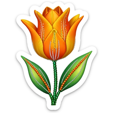 french beaded tulip, floral craft, sparkling glass beads, orange and yellow gradient petals, green foliage, realistic, elegant, no background sticker