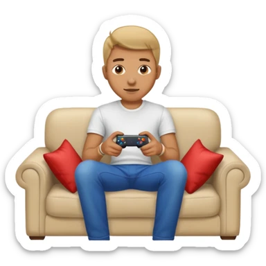 man playing video games on a sofa sticker