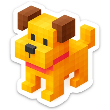 <SystemPrompt>
                <Style>
                  <Name>Voxel Emoji Art</Name>
                  <Description>A playful, isometric voxel style that mimics pixel art in 3D, commonly used for emojis, UI icons, and symbols. Rendered with bright, vibrant colors and no shadows.</Description>
                  <VisualRules>
                    <Geometry>
                      <BaseUnit>Cube</BaseUnit>
                      <GridAlignment>Isometric</GridAlignment>
                      <VoxelSize>Consistent</VoxelSize>
                    </Geometry>
                    <Color>
                      <Palette>Vivid and High Saturation</Palette>
                      <Gradient>Allowed on faces for subtle lighting</Gradient>
                    </Color>
                    <Lighting>
                      <Style>Soft studio lighting</Style>
                      <Shadows>Subtle ambient shadows</Shadows>
                    </Lighting>
                    <Detailing>
                      <Outline>None</Outline>
                      <Texture>Flat color (no texture noise)</Texture>
                      <Effects>None</Effects>
                    </Detailing>
                  </VisualRules>
                </Style>
                <Generation>
                  <PromptTemplate>
                    <![CDATA[
                      Render a voxel-style 3D illustration of a {subject}, using bright colors and blocky pixelated geometry. The object should appear playful and clean, similar to emoji aesthetics, with no shadows and no outlines. Lighting should enhance the 3D depth without harsh contrast.
                    ]]>
                  </PromptTemplate>
                </Generation>
              </SystemPrompt>
              {subject} = dog sticker