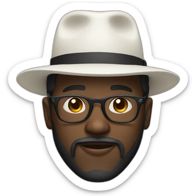 Dark skinned man with a white fedora and glasses and small black beard sticker