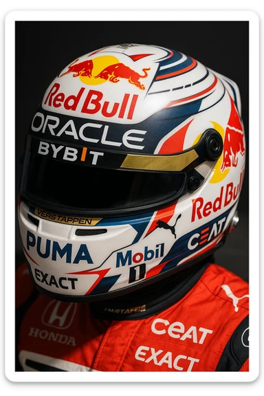 Max Verstappen's Formula 1 helmet, featuring all official sponsors and accurate colors, detailed and realistic, racing style, professional motorsport design, highly detailed, authentic color palette, all sponsor logos visible, dynamic and realistic. sticker