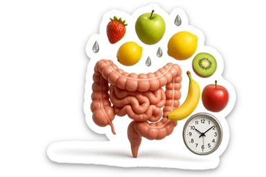 frutta mista cade dall'alto verticalmente insieme a 3 gocce di acqua 3d e un orologio da parete, davanti a questi elementi c'è un intestino umano anatomico iperrealistico sticker
