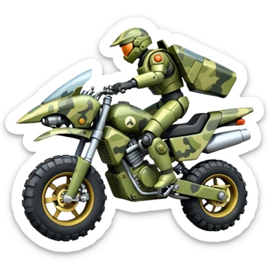 a 4-wheel camouflage army massive mech motorcycle shooting forward side-hill active suspension enemy mech off-road racing motorcycle with large fast engine  sticker