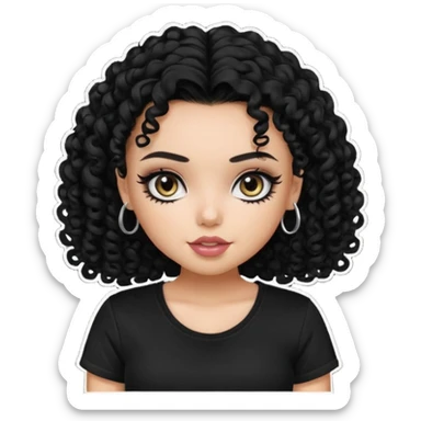 a pretty bratz girl with curly black hair, eyeliner, wearing a black tshirt sticker