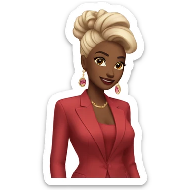 Sure! Here’s a super short version:

	•	Outfit: Deep red suit, gold jewelry, pink clutch.
	•	Hair: Black, half-up with a red ribbon.
	•	Skin: Warm tan, glowing.
	•	Makeup: Winged eyeliner, nude lips, soft blush.

Let me know if this works! sticker