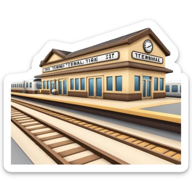 A 3D cartoon train terminal with tracks, platform signs, and an arriving train, Memoji-style realism. sticker