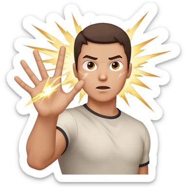 person aiming open palm hand at viewer, hand takes up most of the image, wrathful destructive facial expression, lightning blasts in background sticker