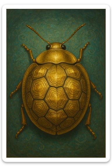Golden Tortoise Beetle with a tortoise shell-like carapace, unique and surreal art style, intricate details, vibrant gold hues, surreal and imaginative design sticker