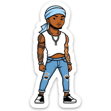 Black man with durag on and ripped skinny jeans with tattoos  sticker