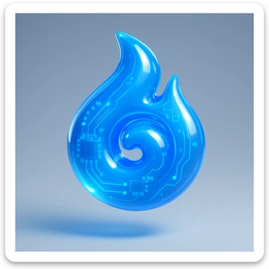 a blue flame spiraling emoji in a glowing, glossy circuit style design sticker