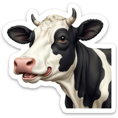 Cinematic Cute Yawning Black and White Cow Portrait Emoji, Head tilted slightly with a dramatic, wide-open yawn, showcasing a smooth, contrasting coat of black and white, floppy ears slightly drooping, round brown eyes barely open in drowsy contentment, Simplified yet irresistibly adorable features, highly detailed, glowing with a soft, cozy glow, high shine, relaxed yet expressive, stylized with a touch of modern whimsy, bright and endearing, soft glowing outline, capturing the essence of a sleepy yet affectionate cow, so drowsy it feels like it could stride out of the screen and curl up for a nap! sticker