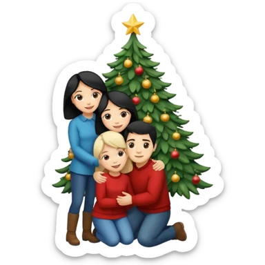Generate Christmas-style emojis  family. Where light-skinned people stand near the tree all together, hugging and smiling. 2 girl should be Light-haired woman, 1 woman black-haired woman, and 1 man  sticker