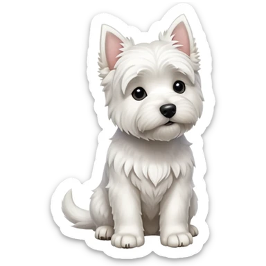cinematic-[west highland white terrier]-realistic-full-body-sitting-emoji,-tail-resting-loosely-beside-its-paws,-head-tilted-dramatically, dooped ears -wavy-[white-fur,-simplified-yet-realistic-focused-features,-highly-detailed,-glowing-with-an-almost-sarcastic-glow sticker