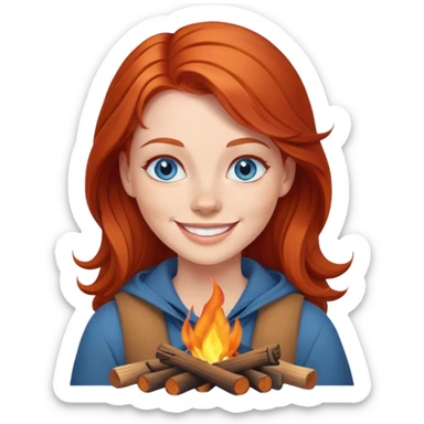 Happy Redhead woman with blue eyes beside campfire sticker