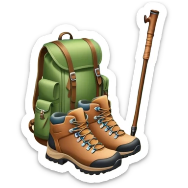 Icon for Hiking: a pair of hiking boots, a backpack, a walking stick, and a mountain trail surrounded by trees. The icon should capture the adventure and serenity of hiking in nature. Transparent background. sticker