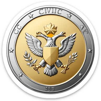 A silver coin type medallion with the words 'Civic Medallion' on it sticker