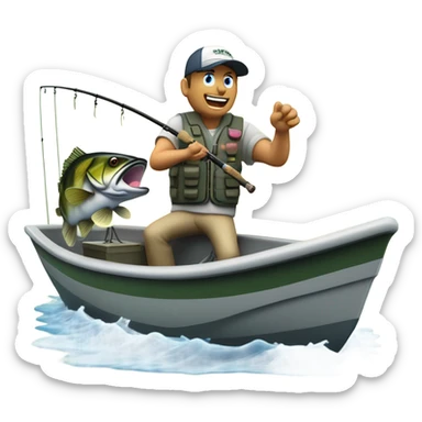 Bass fisherman catching bass on topwater lure from a bass boat on a hazy morning on a lake sticker
