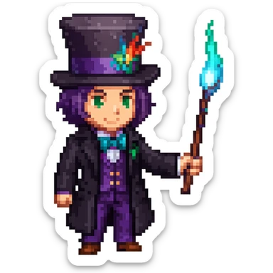 Add a waist length black coat to the street magician in pixel art style, preserving the pixel art aesthetic and details. sticker