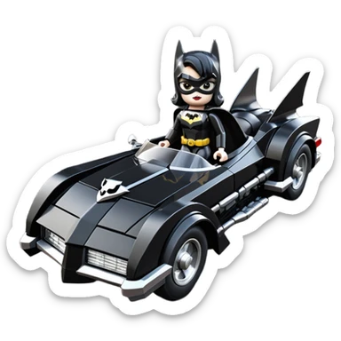  aerodynamic opulent dark knight futuristic concept Catwoman Batgirlmobile loosely based on 1977 Mustang coupe deville roadster racing Lego (flat long straight faceted mechanical body) winged stealthy street hot rod  sticker