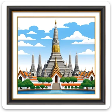 Cinematic Realistic Wat Arun Landmark Emoji, depicting the towering temple spires adorned with intricate porcelain mosaics sticker