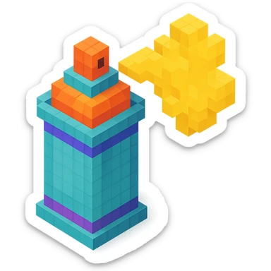 voxel style spray paint can with gold paint, spray coming out, isometric view sticker