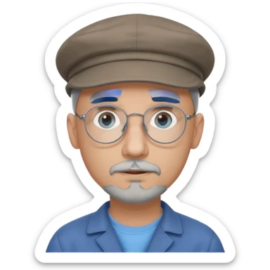 Bald, grey goatee, wire rim glasses, blue eyes, grey flat cap, round face sticker