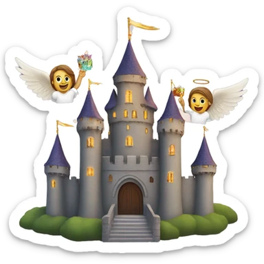 Castle with a halo on top and angels flying over sticker