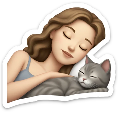 White girl brown hair sleeping with light grey kitty sticker
