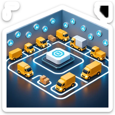 create a realistic emoji of a futuristic warehouse automation. A autonomous trucks, smart drones, and glowing data networks can be part of it as well — cinematic lighting, innovation atmosphere. sticker