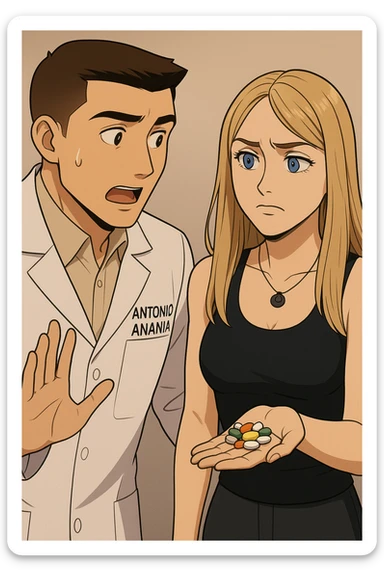 fai un webtoon/manga a colori con questo kinesiologo in camice bianco (fagli la scritta "ANTONIO ANANIA" SUL CAMICE) CHE PARLA CON QUESTA RAGAZZA CON GLI OCCHI AZZURRI. LA RAGAZZA HA UN PUGNO DI INTEGRATORI IN MANO (TANTE PILLOLE DIVERSE) E LE GUARDA DUBBIOSA. IL KINESIOLOGO CON IL CAMICE BIANCO LE DOMANDA UNA COSA SCIOCCATO. NON FARE I FUMETTI, FAI SOLO LORO COME SE DIALOGASSERO sticker