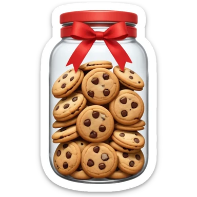 A chewy chocolate chip cozy cookie in an organized jar, saying "Cookie Jar" with some small illustrations on the jar to indicate there are cookies stored inside, a big red ribbonon the lid sticker