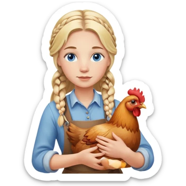 Homesteader girl long blonde braids and blue eyes holding a chicken  sticker