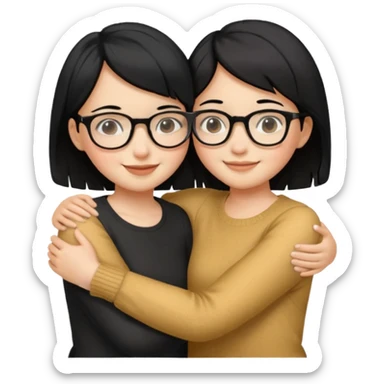 a gif of two wheat skinned girls with black hair, one with glasses hugging each other. the one with glasses is on the left and her right arm is around the one on the right. the right girl has short hair sticker