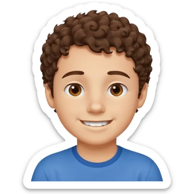 Boy with fair skin, short curly brown hair, brown eyes, smiling without showing his teeth.
 sticker