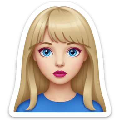 Woman with long dark blond hair and bang, blue eyes, raspberry lip  emoji sticker