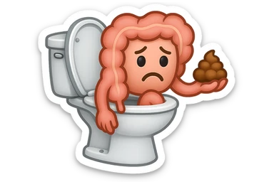 emoji stile iphone di un intestino che esce dal wc con in mano una montagnetta di feci con espressione triste a palline sticker